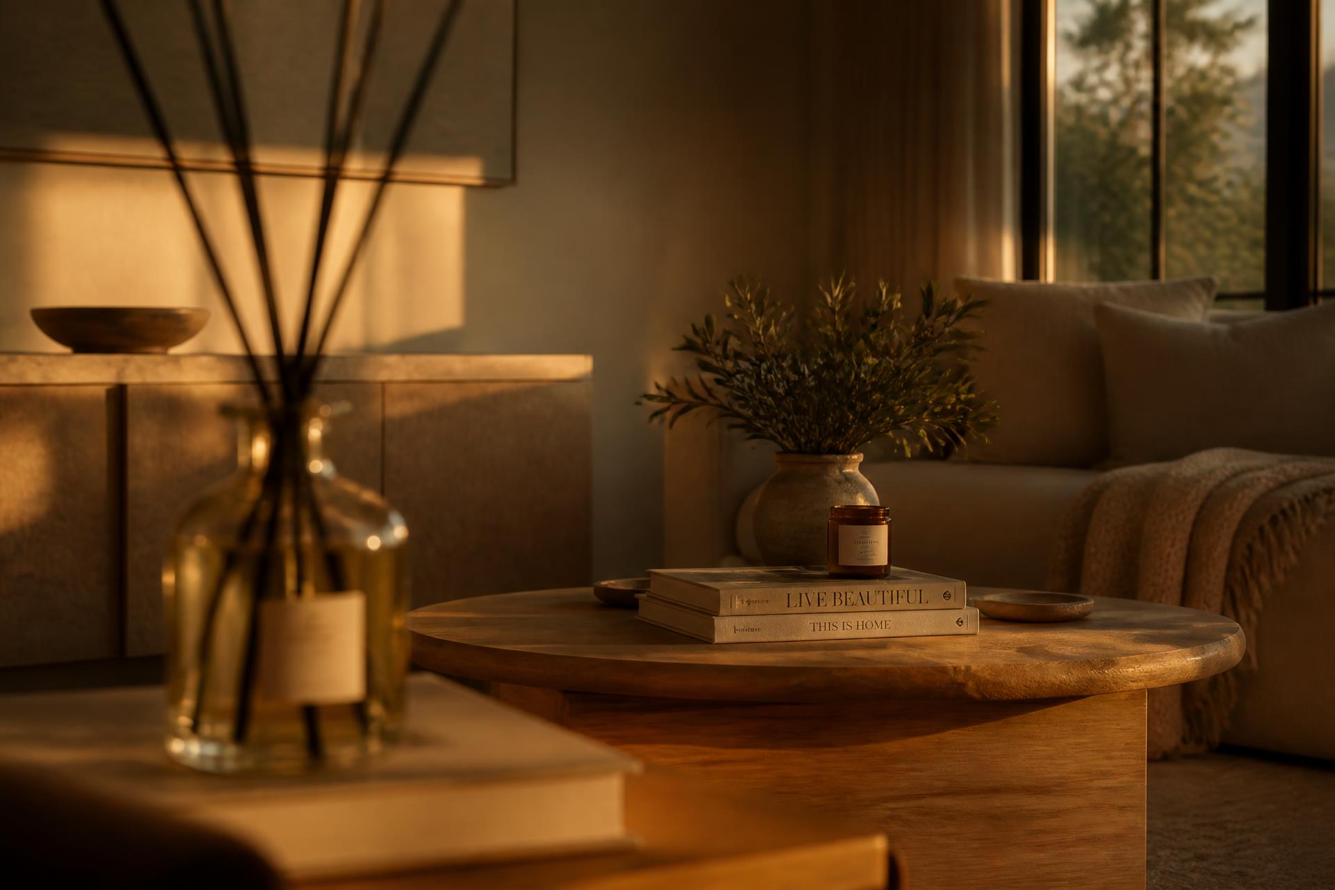 Ambiente aconchegante iluminado por luz dourada com difusor aromático em primeiro plano